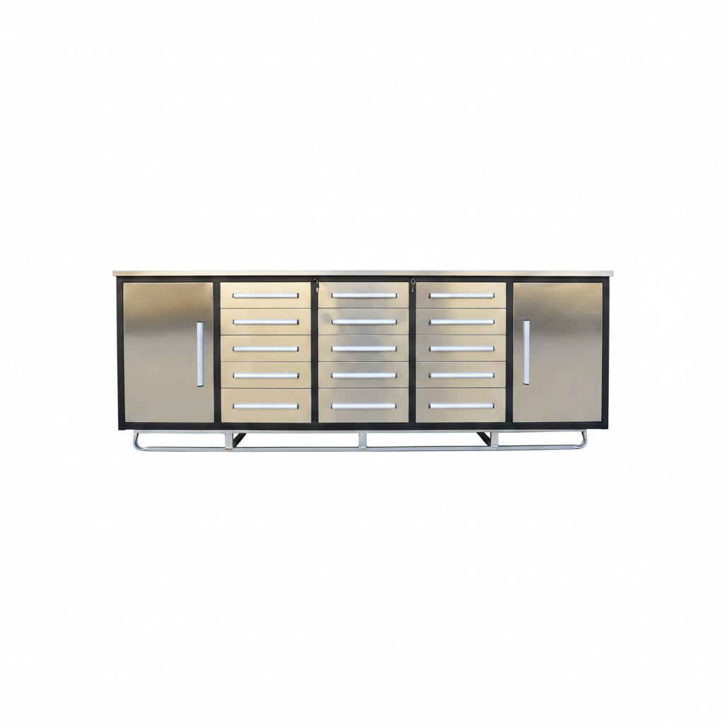 NEW 10 FT HEAVY DUTY STEEL WORK BENCH 35 , 25 , 20 & 15 DRAWER - with 15 Drawer + 2 Cabinet Drawer Stainless | Sold by Uncle Wiener's Wholesale