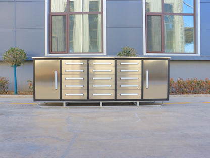 NEW 10 FT HEAVY DUTY STEEL WORK BENCH 35 , 25 , 20 & 15 DRAWER - with 15 Drawer + 2 Cabinet Drawer Stainless | Sold by Uncle Wiener's Wholesale