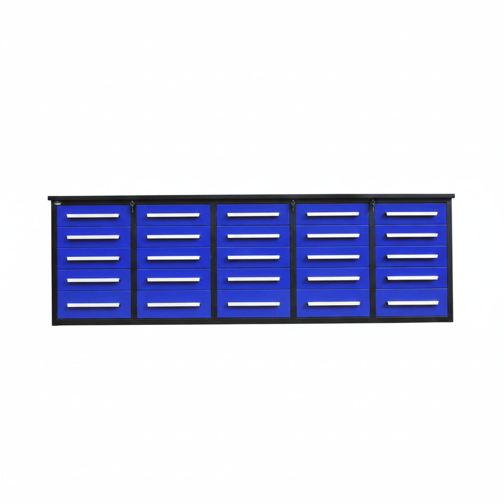 NEW 10 FT HEAVY DUTY STEEL WORK BENCH 35 , 25 , 20 & 15 DRAWER - with 25 Drawer Blue | Sold by Uncle Wiener's Wholesale