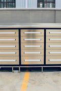 NEW 10 FT HEAVY DUTY STEEL WORK BENCH 35 , 25 , 20 & 15 DRAWER - with 15 Drawer + 2 Cabinet Drawer Stainless | Sold by Uncle Wiener's Wholesale