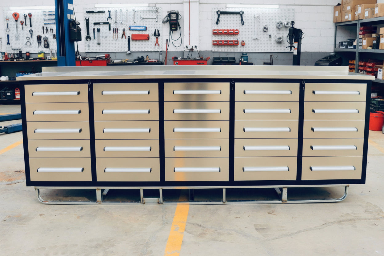 NEW 10 FT HEAVY DUTY STEEL WORK BENCH 35 , 25 , 20 & 15 DRAWER - with 15 Drawer + 2 Cabinet Drawer Stainless | Sold by Uncle Wiener's Wholesale