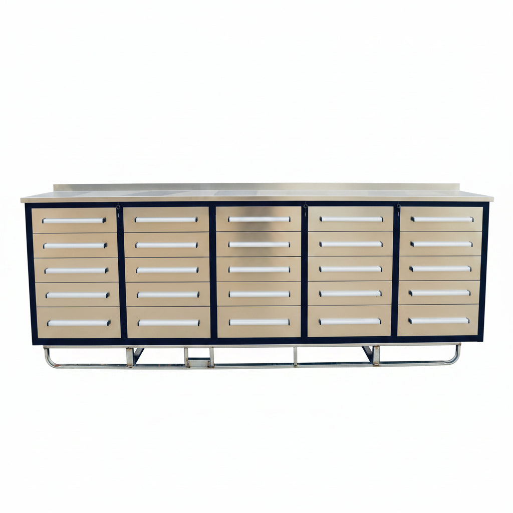 NEW 10 FT HEAVY DUTY STEEL WORK BENCH 35 , 25 , 20 & 15 DRAWER - with 15 Drawer + 2 Cabinet Drawer Stainless | Sold by Uncle Wiener's Wholesale