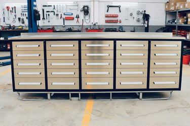 NEW 10 FT HEAVY DUTY STEEL WORK BENCH 35 , 25 , 20 & 15 DRAWER - with 15 Drawer + 2 Cabinet Drawer Stainless | Sold by Uncle Wiener's Wholesale