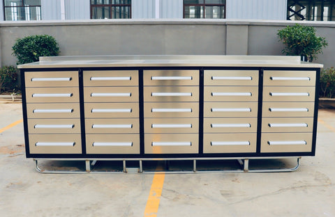 NEW 10 FT HEAVY DUTY STEEL WORK BENCH 35 , 25 , 20 & 15 DRAWER - with 15 Drawer + 2 Cabinet Drawer Stainless | Sold by Uncle Wiener's Wholesale