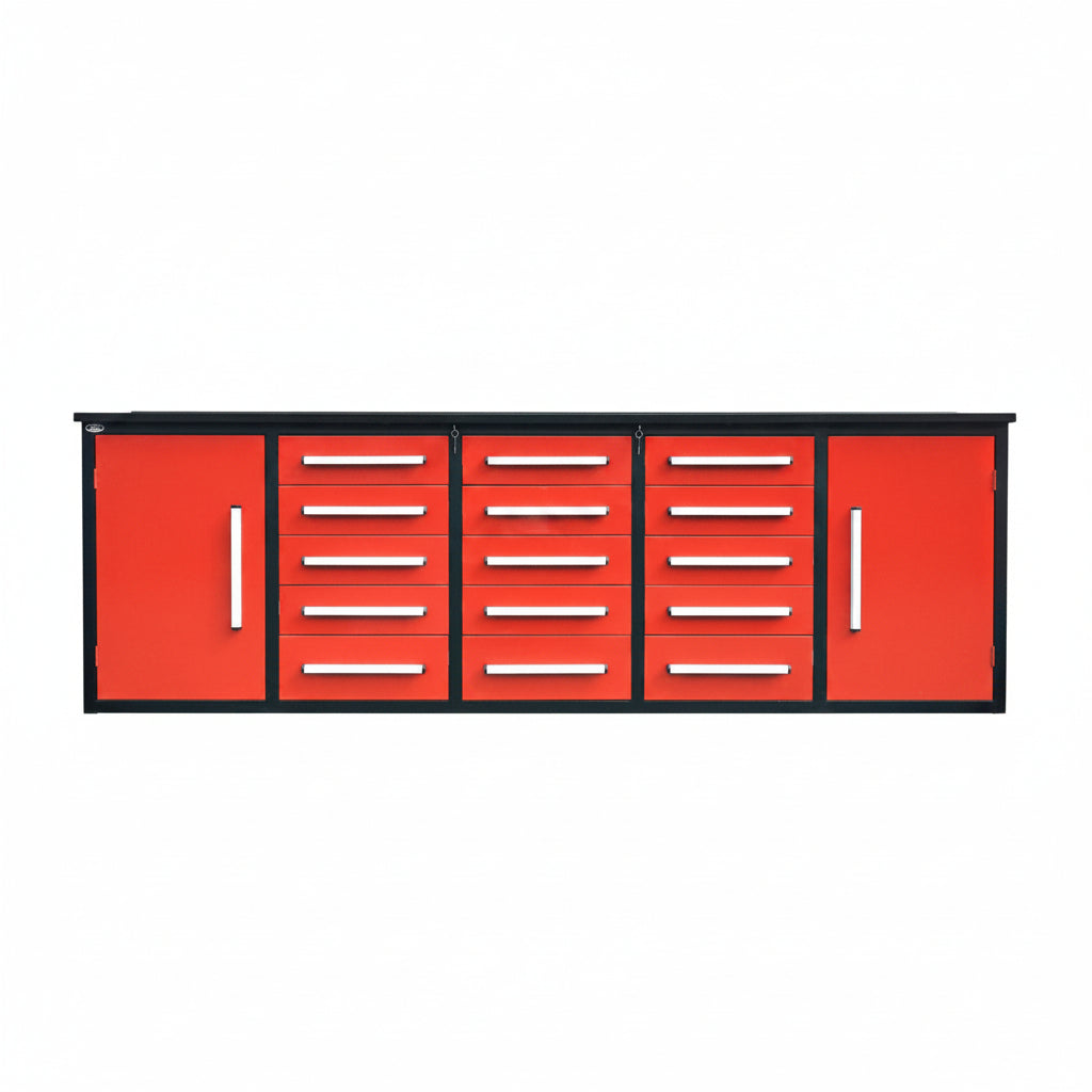 NEW 10 FT HEAVY DUTY STEEL WORK BENCH 35 , 25 , 20 & 15 DRAWER - with 15 Drawer + 2 Cabinet Drawer Red | Sold by Uncle Wiener's Wholesale