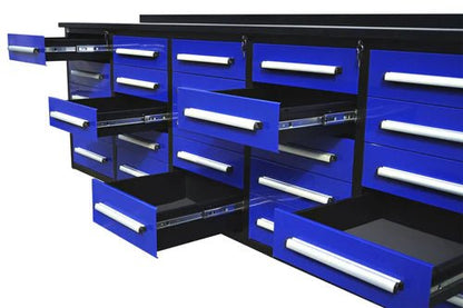 NEW 10 FT HEAVY DUTY STEEL WORK BENCH 35 , 25 , 20 & 15 DRAWER - with 15 Drawer + 2 Cabinet Blue | Sold by Uncle Wiener's Wholesale