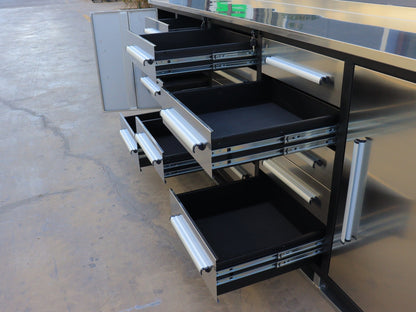NEW 10 FT HEAVY DUTY STEEL WORK BENCH 35 , 25 , 20 & 15 DRAWER - with 15 Drawer + 2 Cabinet Drawer Stainless | Sold by Uncle Wiener's Wholesale