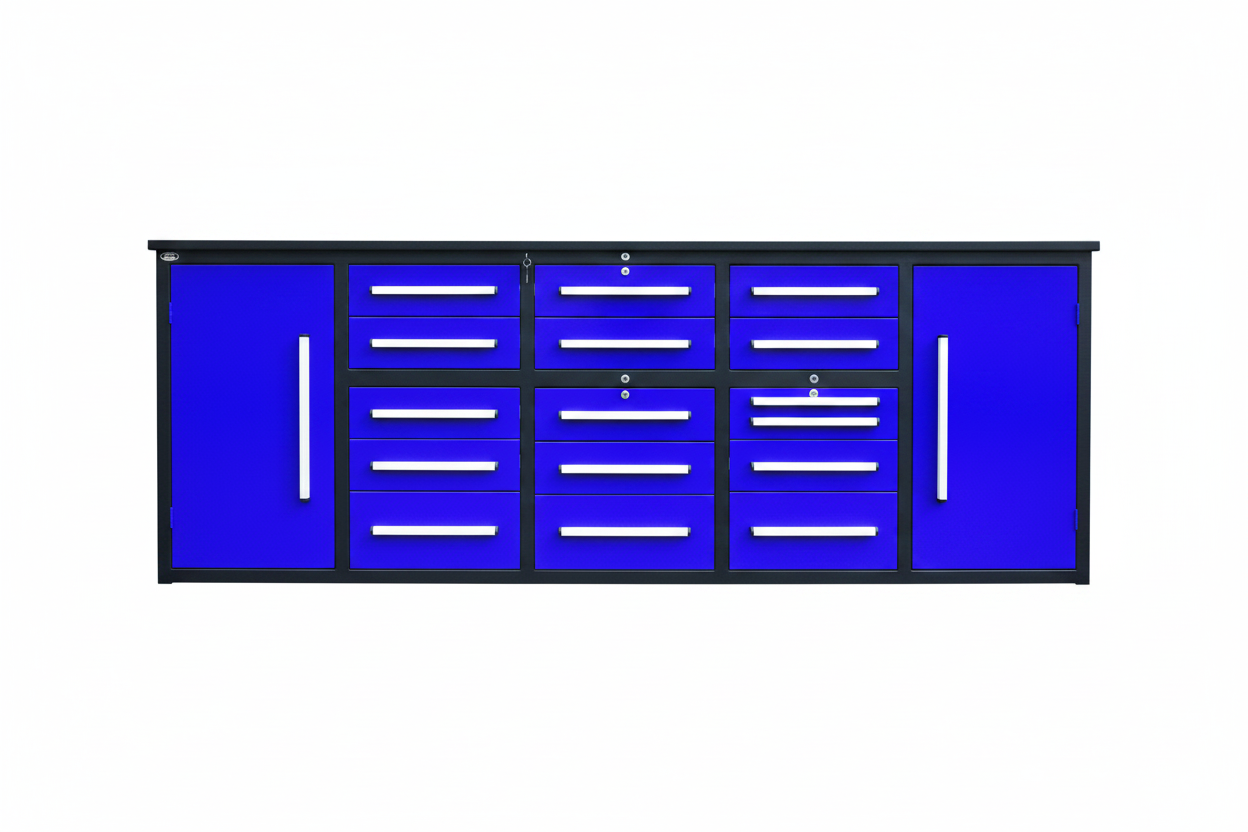 NEW 10 FT HEAVY DUTY STEEL WORK BENCH 35 , 25 , 20 & 15 DRAWER - with 15 Drawer + 2 Cabinet Blue | Sold by Uncle Wiener's Wholesale