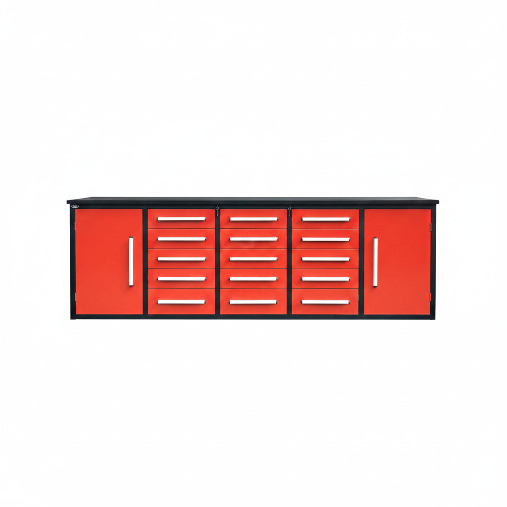 NEW 10 FT HEAVY DUTY STEEL WORK BENCH 35 , 25 , 20 & 15 DRAWER - with 15 Drawer + 2 Cabinet Drawer Red | Sold by Uncle Wiener's Wholesale