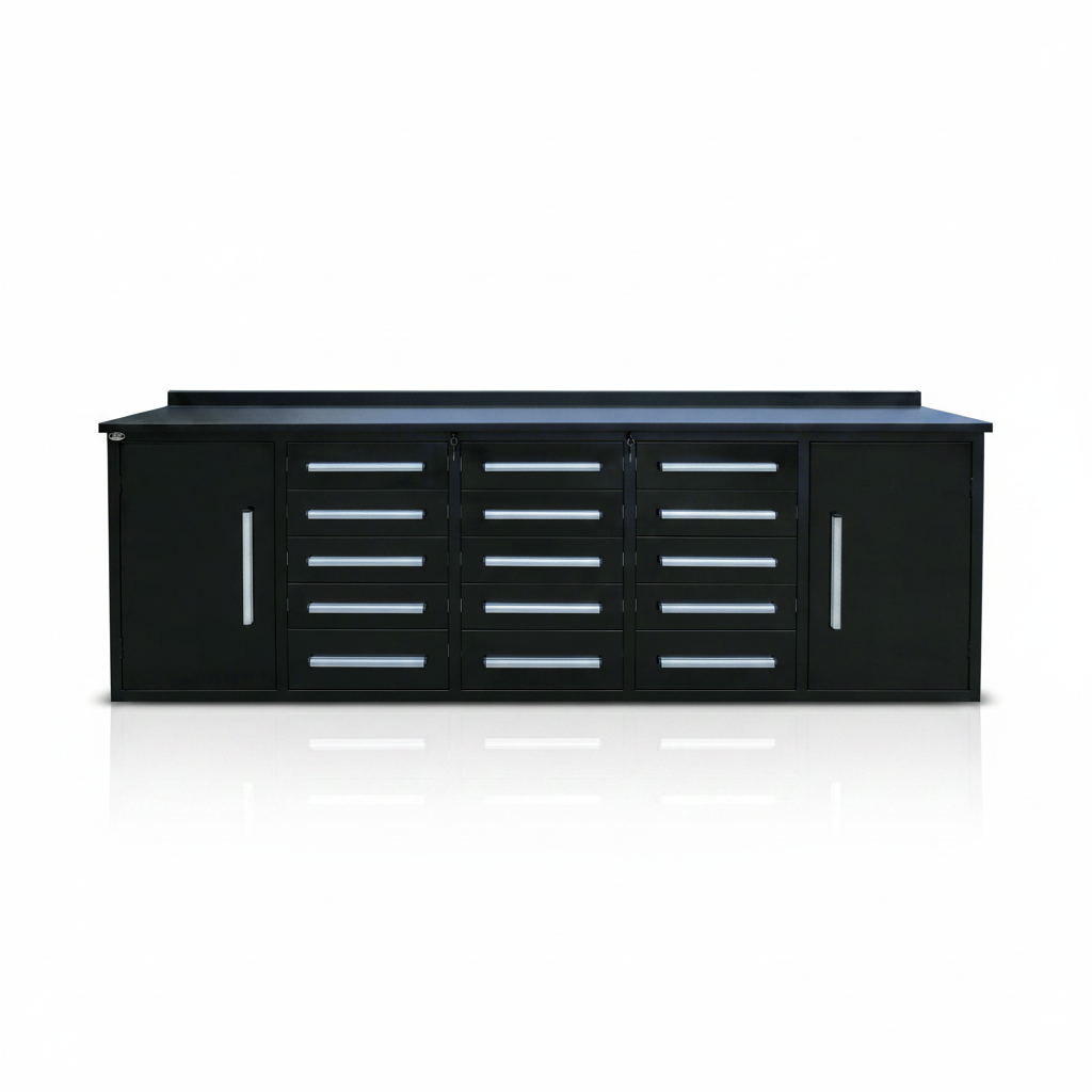 10 ft steel workbench with black drawers