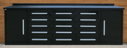 10 ft steel workbench with black drawers