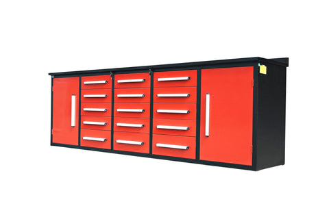 NEW 10 FT HEAVY DUTY STEEL WORK BENCH 35 , 25 , 20 & 15 DRAWER - with 15 Drawer + 2 Cabinet Drawer Red | Sold by Uncle Wiener's Wholesale