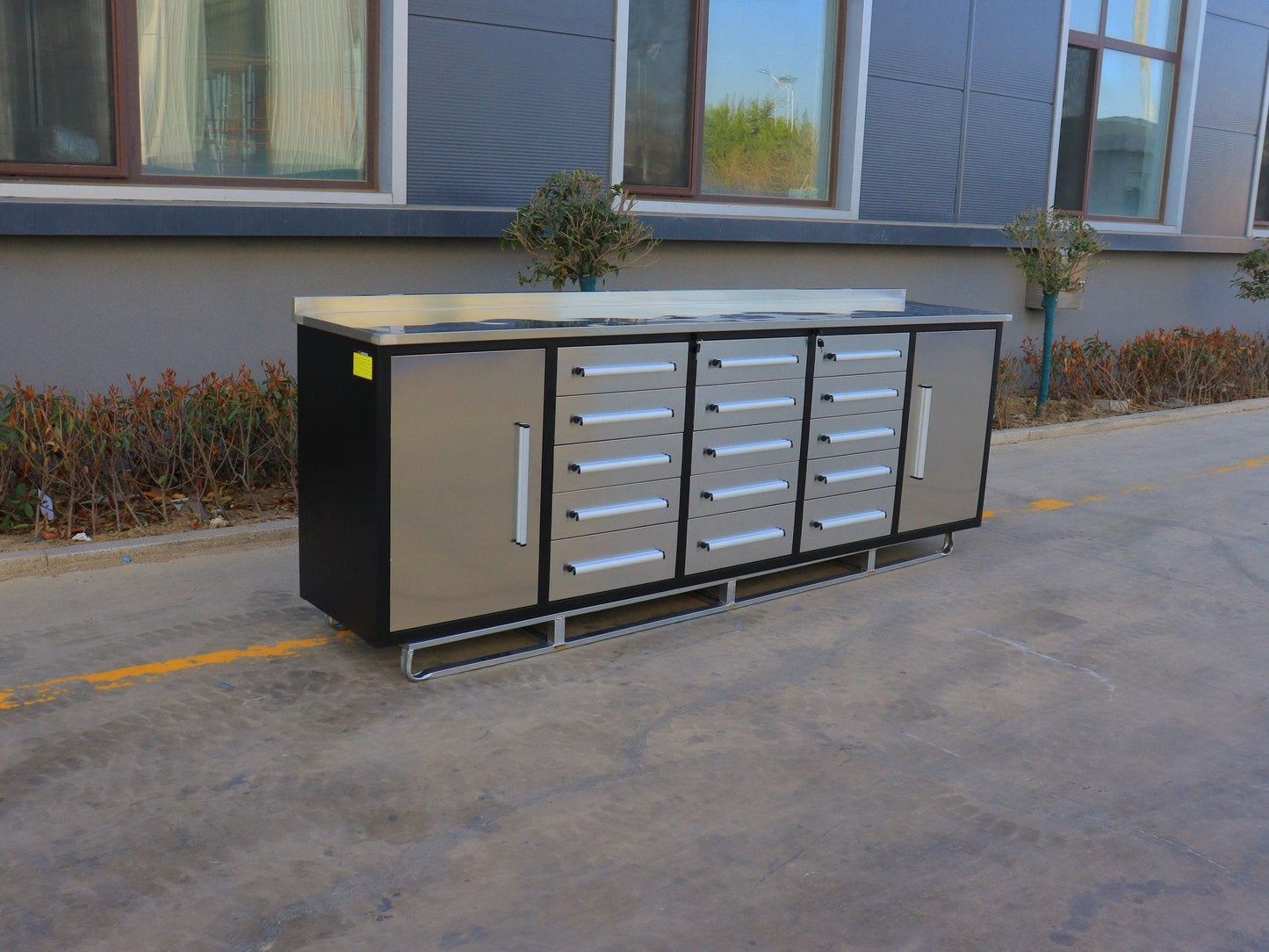 NEW 10 FT HEAVY DUTY STEEL WORK BENCH 35 , 25 , 20 & 15 DRAWER - with 15 Drawer + 2 Cabinet Drawer Stainless | Sold by Uncle Wiener's Wholesale