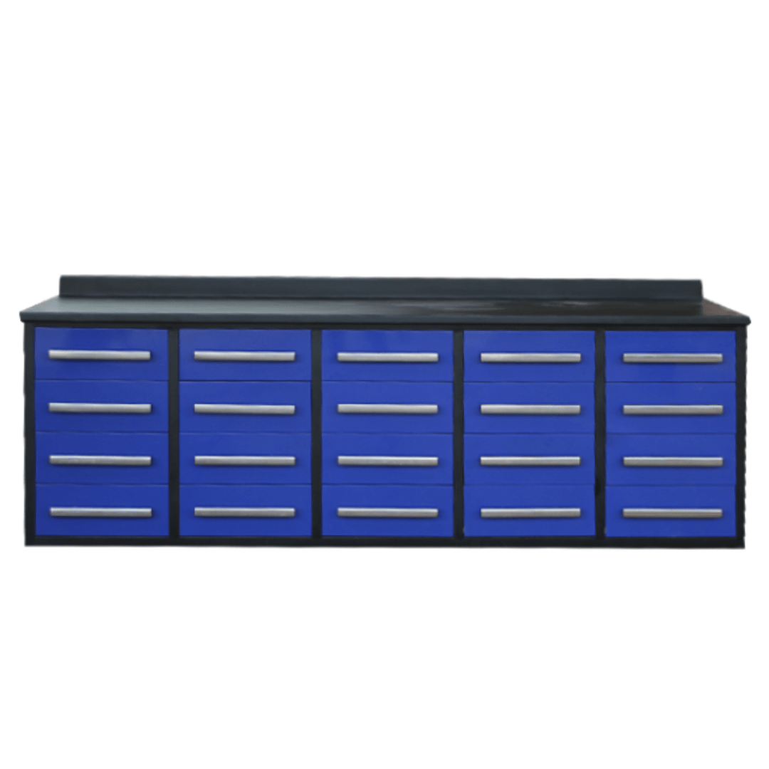 NEW 10 FT HEAVY DUTY STEEL WORK BENCH 35 , 25 , 20 & 15 DRAWER - with 20 Drawer Blue | Sold by Uncle Wiener's Wholesale