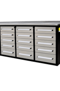 NEW 10 FT HEAVY DUTY STEEL WORK BENCH 35 , 25 , 20 & 15 DRAWER - with 15 Drawer + 2 Cabinet Drawer Stainless | Sold by Uncle Wiener's Wholesale