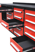 NEW 10 FT HEAVY DUTY STEEL WORK BENCH 35 , 25 , 20 & 15 DRAWER - with 15 Drawer + 2 Cabinet Drawer Red | Sold by Uncle Wiener's Wholesale