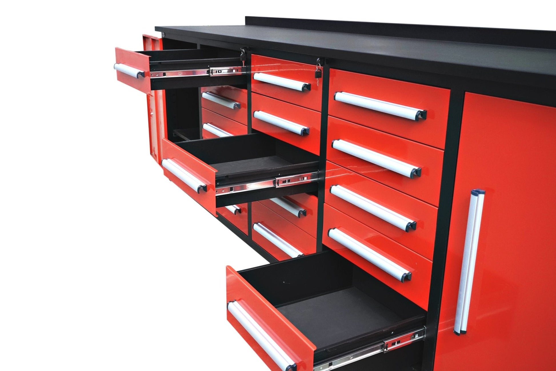 NEW 10 FT HEAVY DUTY STEEL WORK BENCH 35 , 25 , 20 & 15 DRAWER - with 15 Drawer + 2 Cabinet Drawer Red | Sold by Uncle Wiener's Wholesale