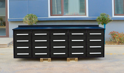 NEW 10 FT HEAVY DUTY STEEL WORK BENCH 35 , 25 , 20 & 15 DRAWER - with 15 Drawer + 2 Cabinet Drawer Stainless | Sold by Uncle Wiener's Wholesale
