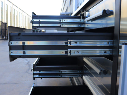 NEW 10 FT HEAVY DUTY STEEL WORK BENCH 35 , 25 , 20 & 15 DRAWER - with 15 Drawer + 2 Cabinet Drawer Stainless | Sold by Uncle Wiener's Wholesale