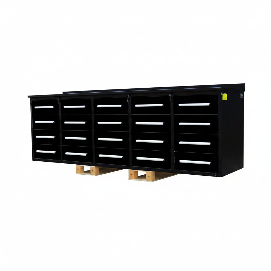 NEW 10 FT HEAVY DUTY STEEL WORK BENCH 35 , 25 , 20 & 15 DRAWER - with 20 Drawer Black | Sold by Uncle Wiener's Wholesale