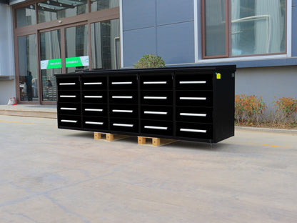 NEW 10 FT HEAVY DUTY STEEL WORK BENCH 35 , 25 , 20 & 15 DRAWER - with 20 Drawer Black | Sold by Uncle Wiener's Wholesale