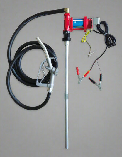 10 GPM Fuel Transfer Pump Kit with Manual Nozzle – Model S1210 (Front View)
Fuel Pump Components and Hoses – 12V DC Dispenser Set (Top View)
Heavy-Duty Fuel Pump for Gasoline and Diesel – 10 GPM