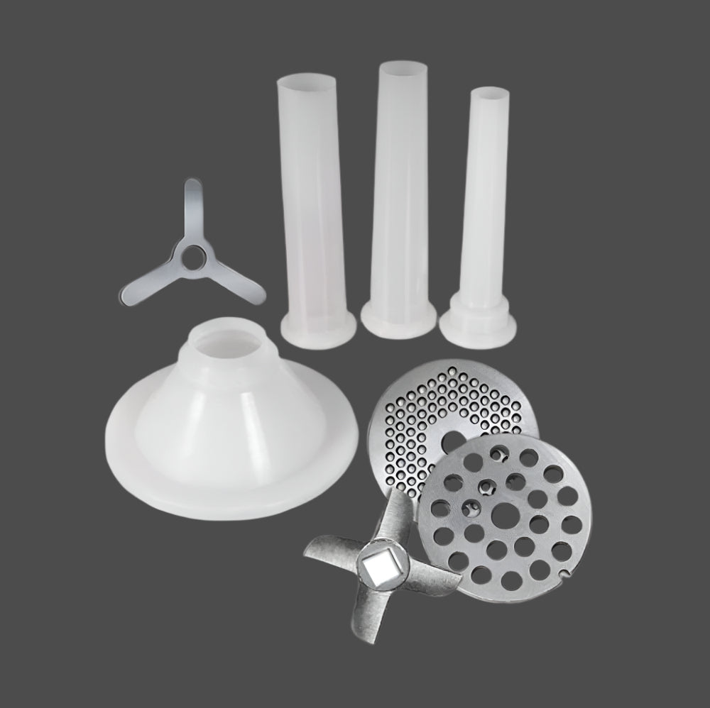#10 Meat Grinder Kit – Includes Plates and Funnels

Grinding Plate Closeup – Coarse and Fine Options
