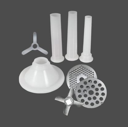 #10 Meat Grinder Kit – Includes Plates and Funnels

Grinding Plate Closeup – Coarse and Fine Options