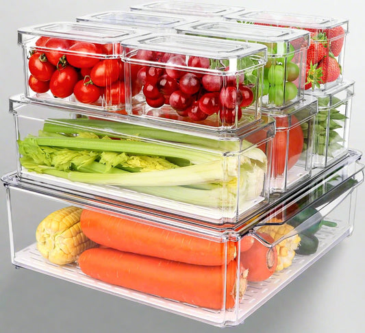 10-pack clear plastic refrigerator and pantry storage bins in assorted sizes with lids and built-in drain tray – BPA-free PET material