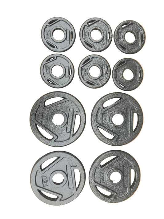 10-piece set of Olympic weight plates – 55 lb cast iron
Grip hole weight plates for Olympic barbells – black enamel finish
Heavy-duty Olympic barbell plates – commercial gym set
Close-up of cast iron 2.5 lb and 10 lb weight plates
Black Olympic weight plates stacked with 2-inch holes