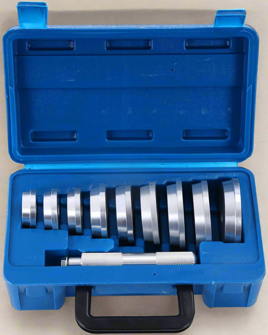 10 PCS Bearing Race and Seal Driver Set with Case
Aluminum Driver Collars for Seal Installation
Bearing Seal Driver Pilot Tool Closeup
Heavy-Duty Aluminum Bearing Driver Set in Use
Full 10 Piece Mechanic Bearing Installer Kit