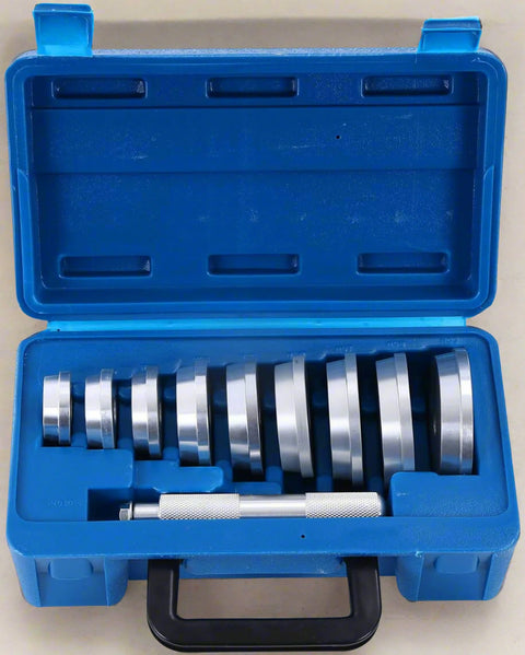 10 PCS Bearing Race and Seal Driver Set with Case
Aluminum Driver Collars for Seal Installation
Bearing Seal Driver Pilot Tool Closeup
Heavy-Duty Aluminum Bearing Driver Set in Use
Full 10 Piece Mechanic Bearing Installer Kit