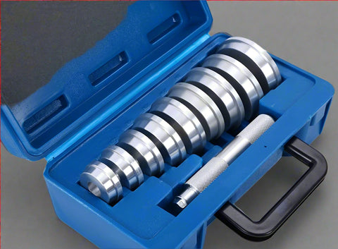 10 PCS Bearing Race and Seal Driver Set with Case
Aluminum Driver Collars for Seal Installation
Bearing Seal Driver Pilot Tool Closeup
Heavy-Duty Aluminum Bearing Driver Set in Use
Full 10 Piece Mechanic Bearing Installer Kit