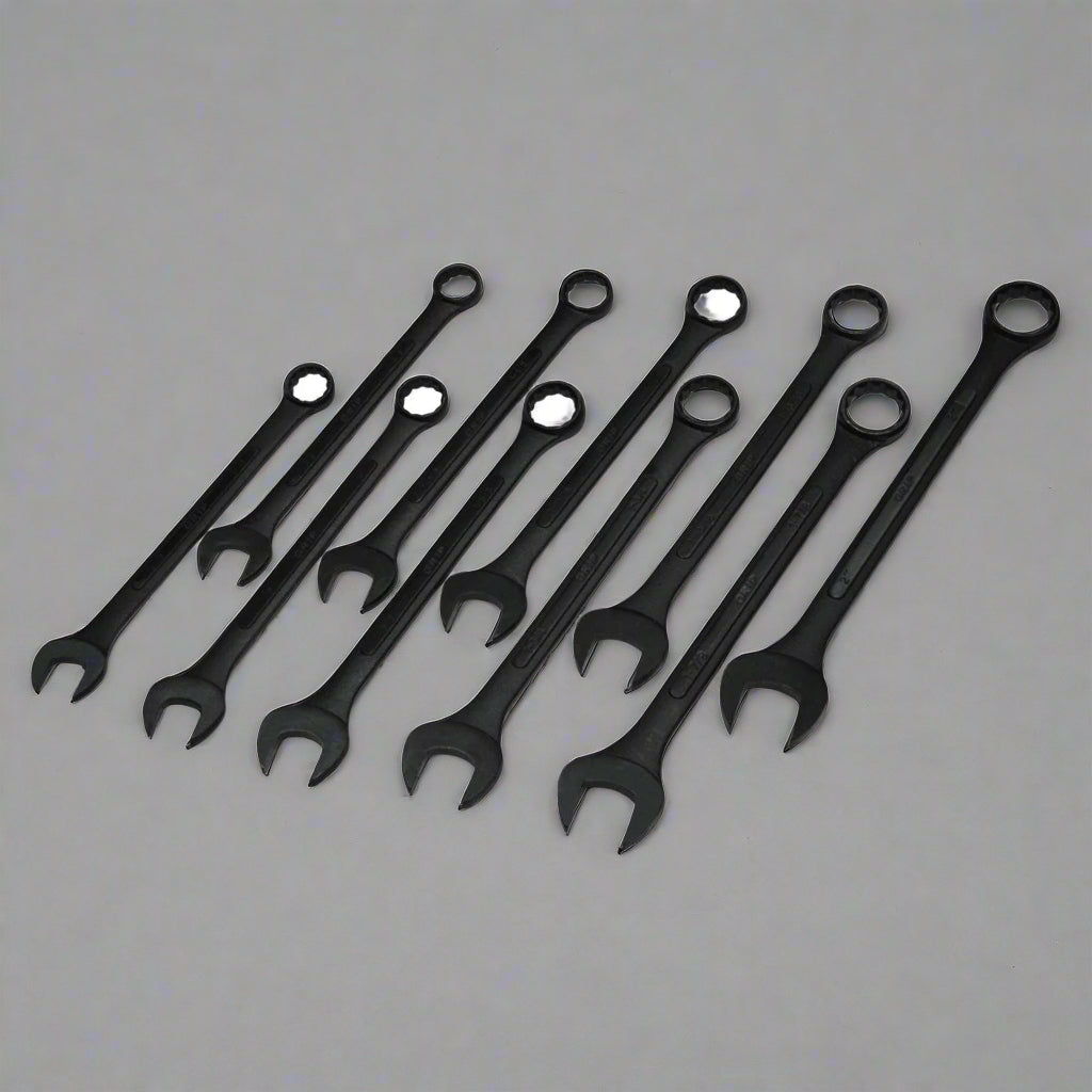 10-piece black oxide jumbo combination wrench set
SAE jumbo wrenches in roll pouch
black oxide combination wrench sizes 1-5/16" to 2"
close-up of wrench heads and panel grip
heavy-duty industrial wrench set for mechanics