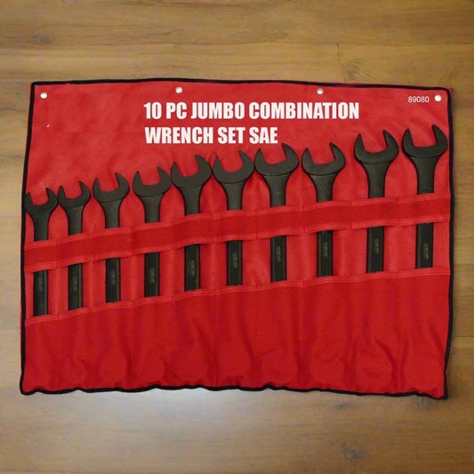 10-piece black oxide jumbo combination wrench set
SAE jumbo wrenches in roll pouch
black oxide combination wrench sizes 1-5/16" to 2"
close-up of wrench heads and panel grip
heavy-duty industrial wrench set for mechanics