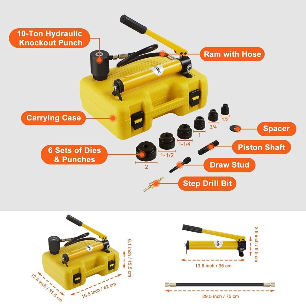 10 Ton Hydraulic Knockout Punch Kit with dies and carrying case
Professional metal hole punch driver set for conduit installation
Hydraulic hole punch with pump and 6 die sizes