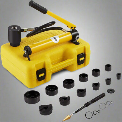 10 Ton Hydraulic Knockout Punch Kit with dies and carrying case
Professional metal hole punch driver set for conduit installation
Hydraulic hole punch with pump and 6 die sizes