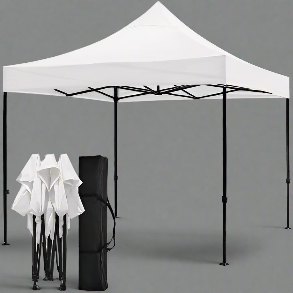 10x10 white gazebo with windows full view

side view of pop-up canopy tent with cathedral windows

steel frame and truss system of event gazebo

pop-up tent folded frame close-up