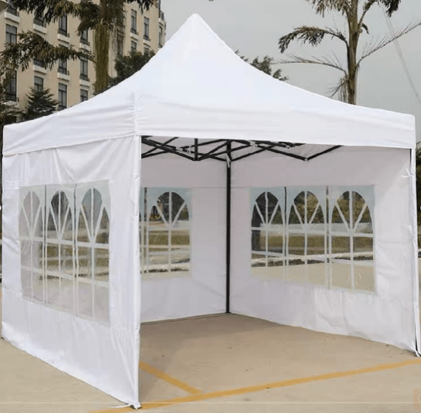 10x10 white gazebo with windows full view

side view of pop-up canopy tent with cathedral windows

steel frame and truss system of event gazebo

pop-up tent folded frame close-up