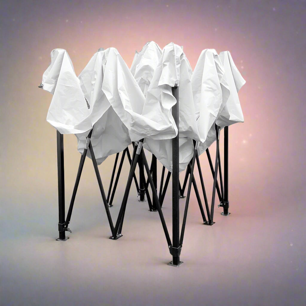 10x10 white gazebo with windows full view

side view of pop-up canopy tent with cathedral windows

steel frame and truss system of event gazebo

pop-up tent folded frame close-up