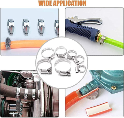 100 PCS stainless steel hose clamp set with case and screwdriver
Hose clamp assortment kit for plumbing and automotive use
Adjustable stainless steel hose clamps in 8 sizes