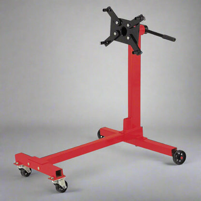 Heavy-Duty Red Engine Stand with 360° Rotating Head – 1000/2000 LB.
Rotating Motor Head Mechanism for Engine Stand – Lockable.
Steel Engine Stand Base with Swivel Caster Wheels.
Assembled Engine Stand Supporting Block – 2000 LB Rated.