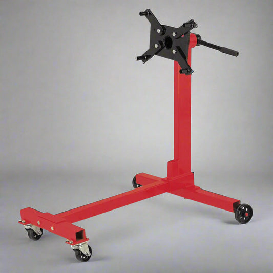 Heavy-Duty Red Engine Stand with 360° Rotating Head – 1000/2000 LB.
Rotating Motor Head Mechanism for Engine Stand – Lockable.
Steel Engine Stand Base with Swivel Caster Wheels.
Assembled Engine Stand Supporting Block – 2000 LB Rated.