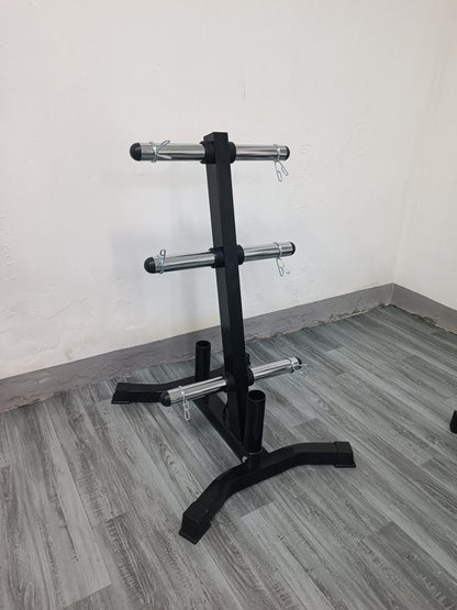 Heavy-duty 1000 lb Olympic plate rack – black steel frame
Vertical barbell weight plate holder with non-slip feet
Olympic-sized weight rack for 2 inch plates
Compact gym storage solution for Olympic barbells and weights
Side view of steel Olympic plate tree with support arms