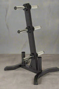 Heavy-duty 1000 lb Olympic plate rack – black steel frame
Vertical barbell weight plate holder with non-slip feet
Olympic-sized weight rack for 2 inch plates
Compact gym storage solution for Olympic barbells and weights
Side view of steel Olympic plate tree with support arms