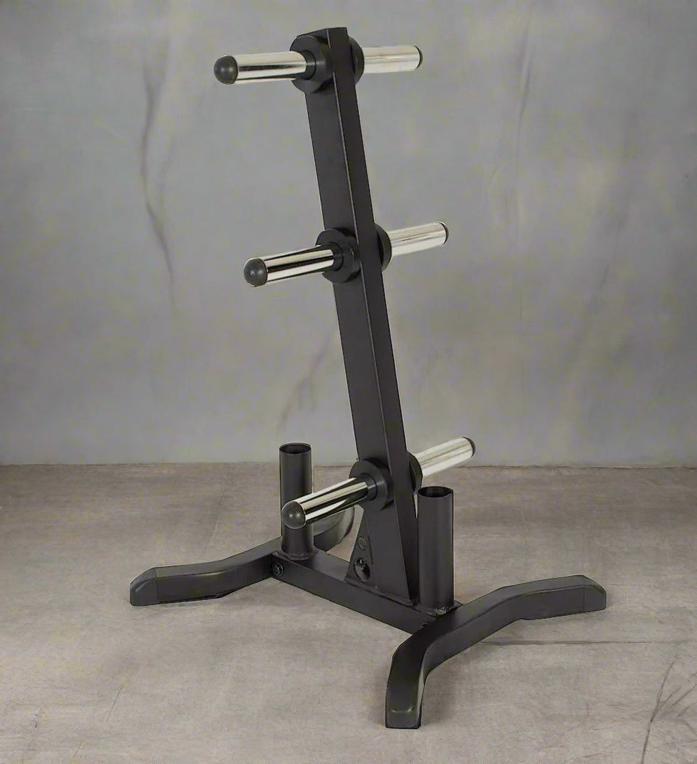 Heavy-duty 1000 lb Olympic plate rack – black steel frame
Vertical barbell weight plate holder with non-slip feet
Olympic-sized weight rack for 2 inch plates
Compact gym storage solution for Olympic barbells and weights
Side view of steel Olympic plate tree with support arms