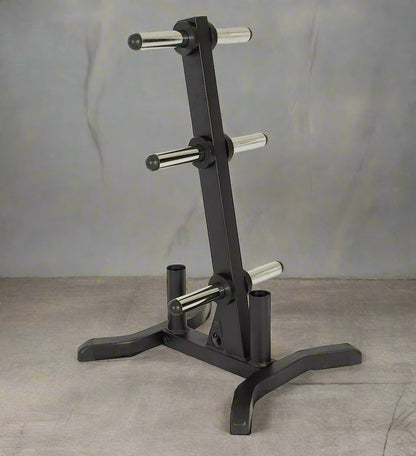 Heavy-duty 1000 lb Olympic plate rack – black steel frame
Vertical barbell weight plate holder with non-slip feet
Olympic-sized weight rack for 2 inch plates
Compact gym storage solution for Olympic barbells and weights
Side view of steel Olympic plate tree with support arms