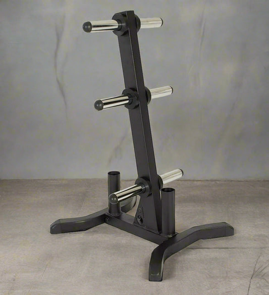 Heavy-duty 1000 lb Olympic plate rack – black steel frame
Vertical barbell weight plate holder with non-slip feet
Olympic-sized weight rack for 2 inch plates
Compact gym storage solution for Olympic barbells and weights
Side view of steel Olympic plate tree with support arms