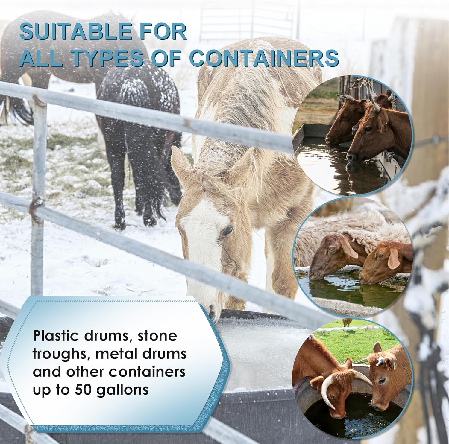 1000W submersible water heater de-icer with power cord
Outdoor tank de-icer for winter freezing prevention
Close-up of corrosion-resistant water heater
Heater de-icer with automatic shut-off feature
Submersible pond and trough water heater in packaging
Winter water trough heater ready for use