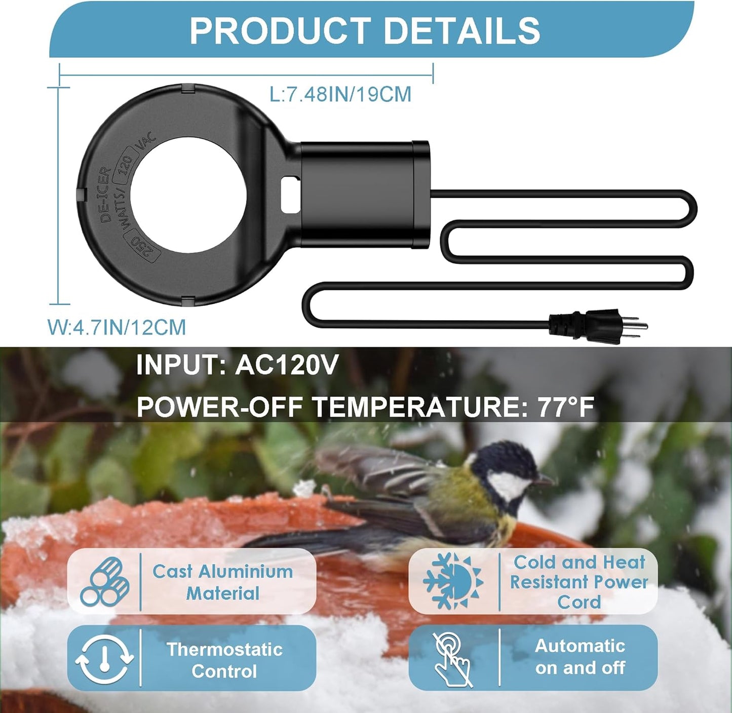 1000W submersible water heater de-icer with power cord
Outdoor tank de-icer for winter freezing prevention
Close-up of corrosion-resistant water heater
Heater de-icer with automatic shut-off feature
Submersible pond and trough water heater in packaging
Winter water trough heater ready for use
